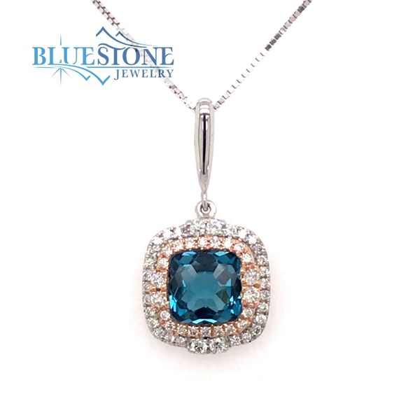 14kt White & Rose Gold Pendant with London Blue Topaz and Diamonds Bluestone Jewelry Tahoe City, CA