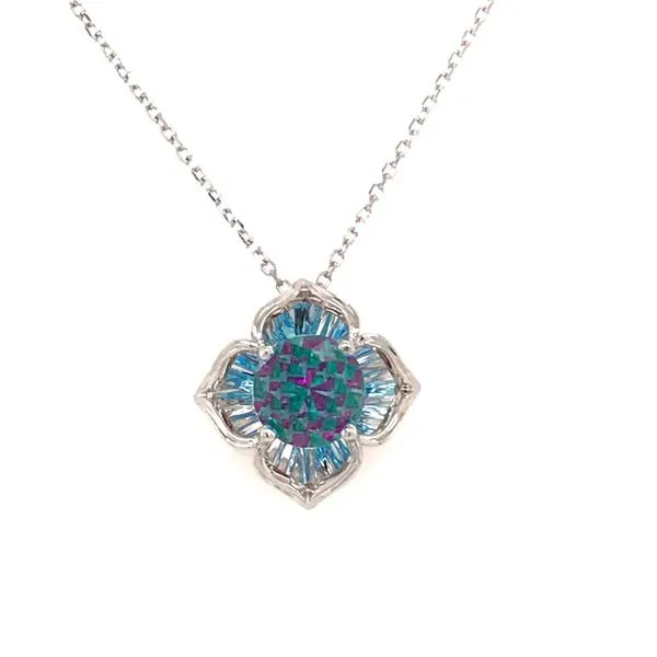 KALEIDOSCOPE 14K White Gold Pendant w/ 6.5mm Blue Topaz, Emeralds & Rubies Bluestone Jewelry Tahoe City, CA