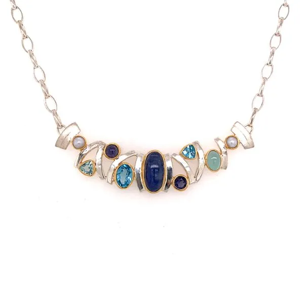 Sterling Silver & 22 Karat Yellow Gold Necklace with Moonstone, 3 Blue Topaz, Iolites, Agate, and Pearls Bluestone Jewelry Tahoe City, CA