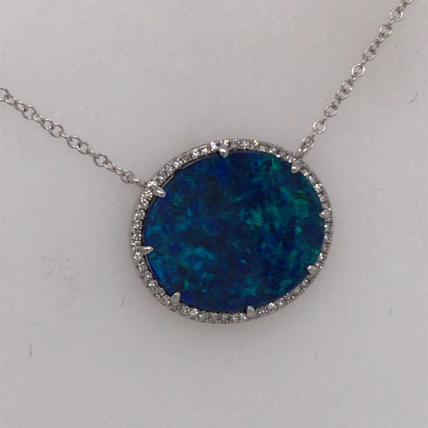 14K White Gold Necklace w/ Black Australian Opal & Diamonds Image 2 Bluestone Jewelry Tahoe City, CA