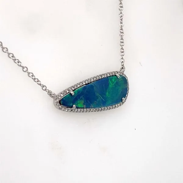 14K White Gold Necklace w/ Black Australian Opal & Diamonds Image 2 Bluestone Jewelry Tahoe City, CA