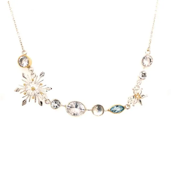 Sterling Silver and 22 Karat Yellow Gold Necklace with Blue Topaz, White Topaz, Quartz and Mother of Pearl Bluestone Jewelry Tahoe City, CA