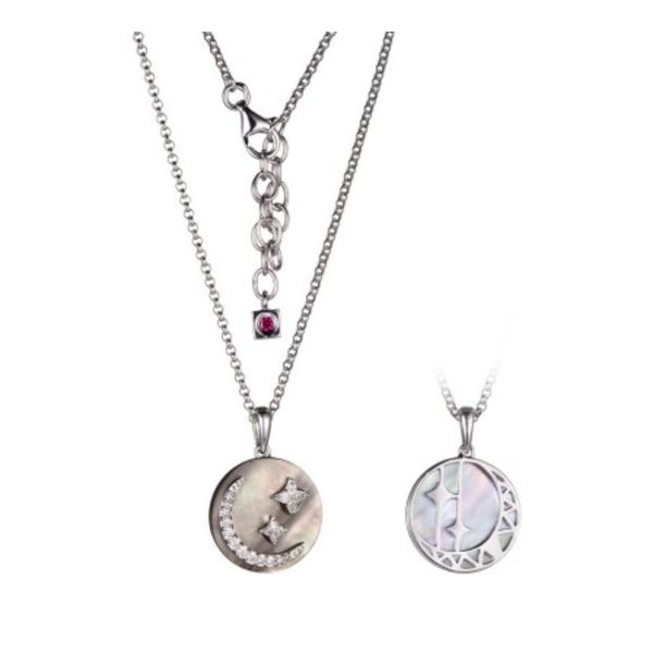 Sterling Silver Rhodium Necklace with Mother of Pearl, Cubic Zirconias and Once Round Created Ruby Bluestone Jewelry Tahoe City, CA