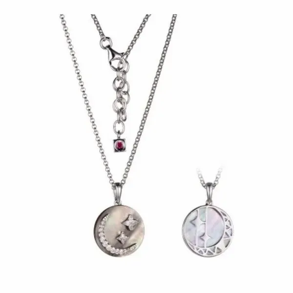 Sterling Silver Rhodium Necklace with Mother of Pearl, Cubic Zirconias and Once Round Created Ruby Bluestone Jewelry Tahoe City, CA