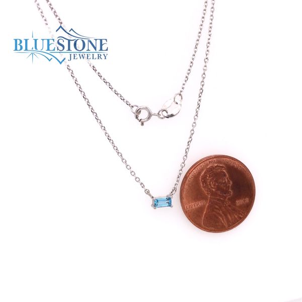 14K White Gold Necklace Measuring 18 Inches with One Baguette Cut Swiss Blue Topaz. Image 2 Bluestone Jewelry Tahoe City, CA