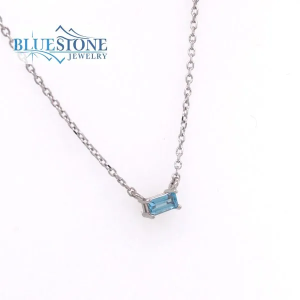 14K White Gold Necklace Measuring 18 Inches with One Baguette Cut Swiss Blue Topaz. Image 3 Bluestone Jewelry Tahoe City, CA