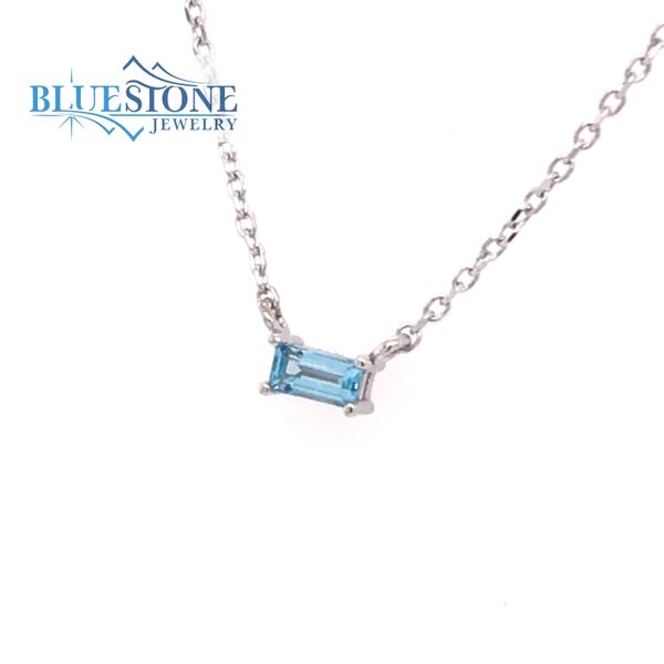 14K White Gold Necklace Measuring 18 Inches with One Baguette Cut Swiss Blue Topaz. Bluestone Jewelry Tahoe City, CA