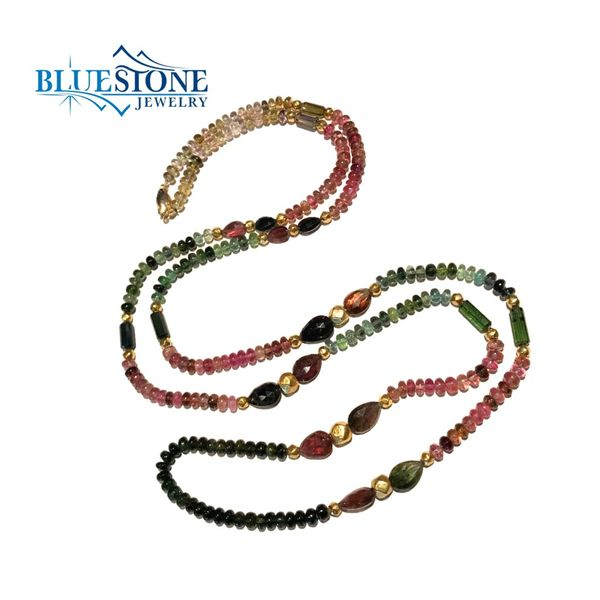 Watermelon Tourmaline with Gold Beaded Necklace- 38 Inches Image 3 Bluestone Jewelry Tahoe City, CA