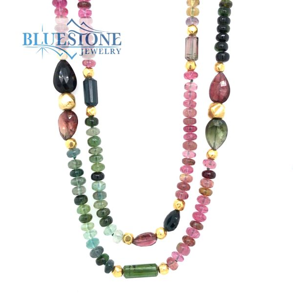 Watermelon Tourmaline with Gold Beaded Necklace- 38 Inches Bluestone Jewelry Tahoe City, CA
