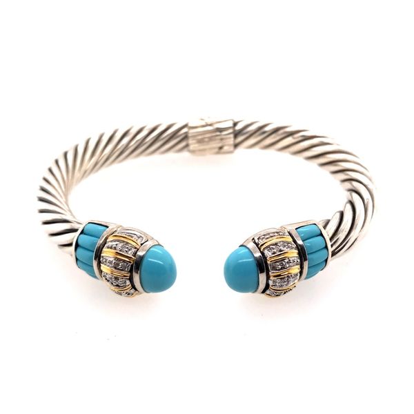 Silver & Gold Cable Bracelet with Turquoise and Diamonds Bluestone Jewelry Tahoe City, CA