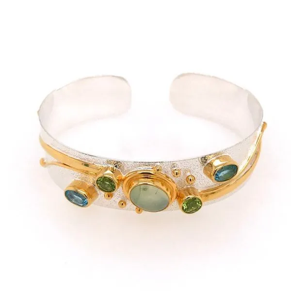 Sterling Silver and 22 Karat YG Cuff Bracelet with Prehnite, Peridots and Topazs Bluestone Jewelry Tahoe City, CA