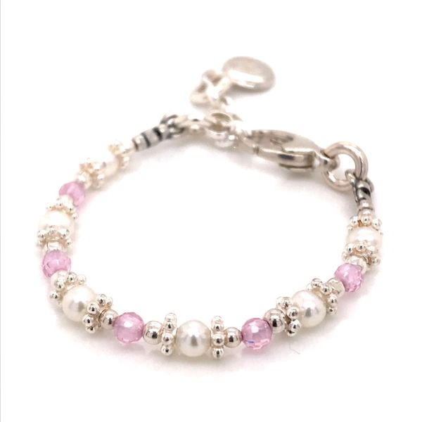 Baby Sterling Silver Pink CZ and Pearl Adustable Bracelet 4-5