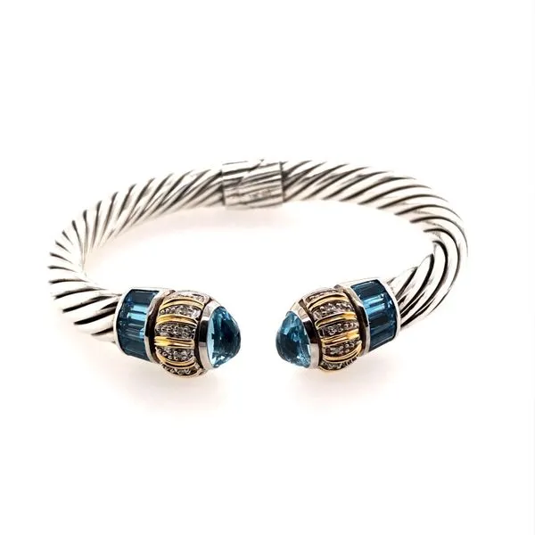 Silver & Gold Bangle Bracelet with White Diamonds and Blue Topazes Bluestone Jewelry Tahoe City, CA