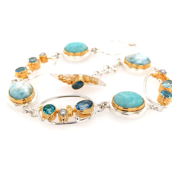Silver & Gold Bracelet with Topaz, Pearls & Larimar- 7.5 Inches Bluestone Jewelry Tahoe City, CA