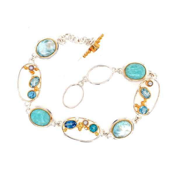 Silver & Gold Bracelet with Topaz, Pearls & Larimar- 7.5 Inches Image 2 Bluestone Jewelry Tahoe City, CA