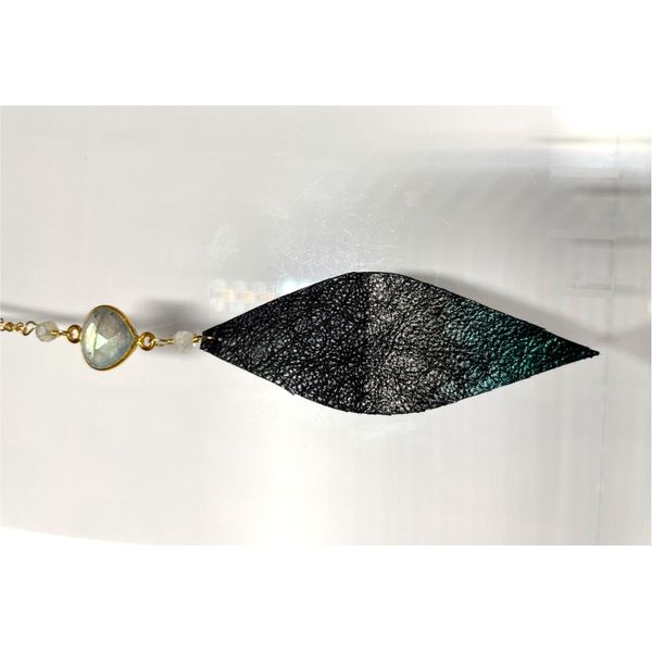 Hand-painted Leather Feather Necklace with Labradorite- Gold/Blue/Green Image 2 Bluestone Jewelry Tahoe City, CA