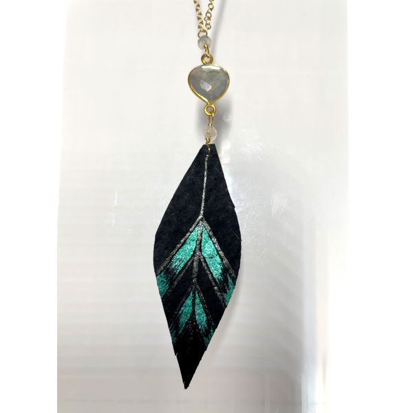 Hand-painted Leather Feather Necklace with Labradorite- Gold/Blue/Green Bluestone Jewelry Tahoe City, CA