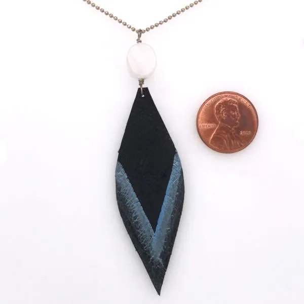 Hand-painted Leather Feather Necklace with Druzy Quartz- Silver/Blue/Black Image 2 Bluestone Jewelry Tahoe City, CA