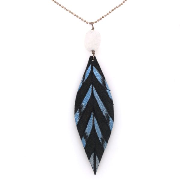 Hand-painted Leather Feather Necklace with Druzy Quartz- Silver/Blue/Black Bluestone Jewelry Tahoe City, CA