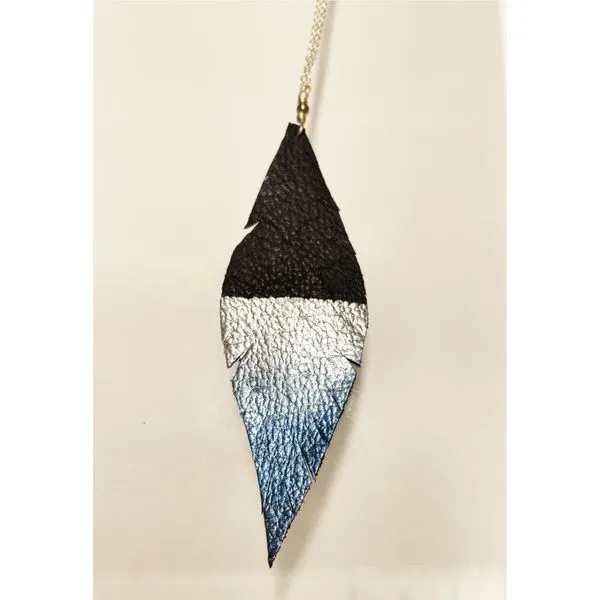 Hand-painted Leather Feather Necklace- Silver/Black/Blue Image 2 Bluestone Jewelry Tahoe City, CA