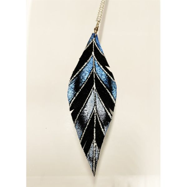 Hand-painted Leather Feather Necklace- Silver/Black/Blue Bluestone Jewelry Tahoe City, CA