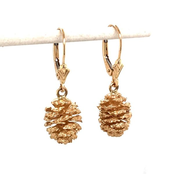 14 Karat Yellow Gold Lever Back Earrings with Alder Pine Cones Bluestone Jewelry Tahoe City, CA