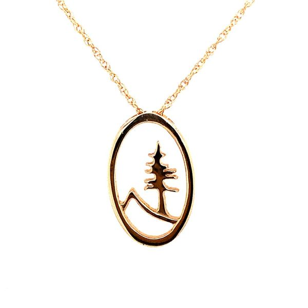 14kt Yellow Gold Oval Tree and Mountain Pendant on Chain Bluestone Jewelry Tahoe City, CA