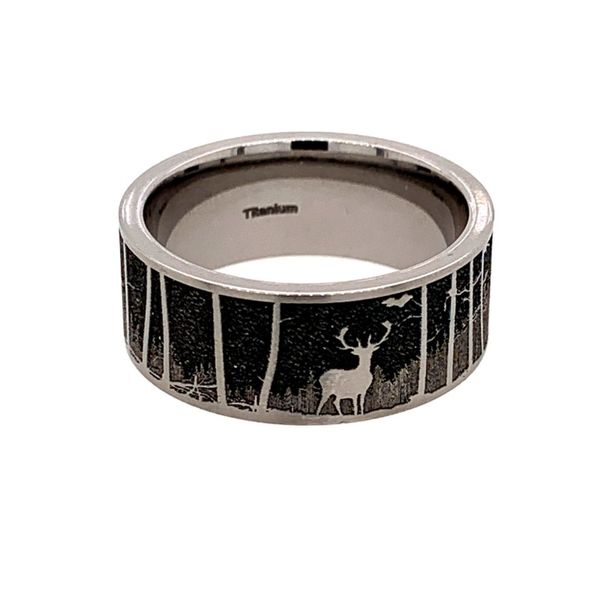 Titanium 9mm Band w/ an elk & mountain background Image 2 Bluestone Jewelry Tahoe City, CA