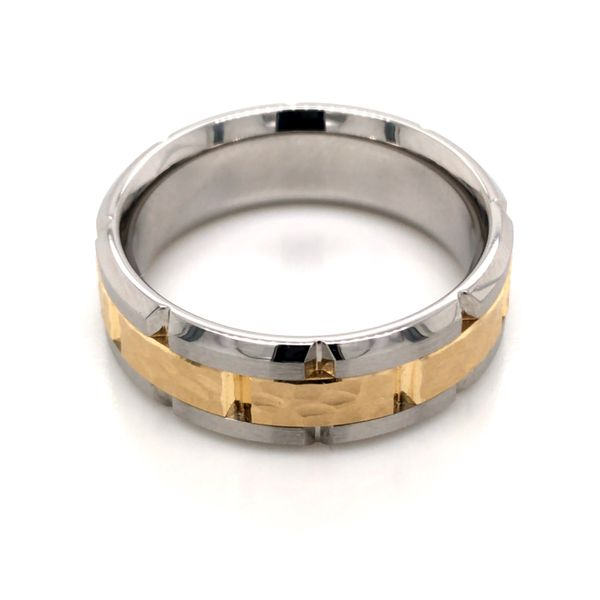 Hammered 18K Yellow Gold & Cobalt Wedding Band at 7.5mm wide. Image 3 Bluestone Jewelry Tahoe City, CA