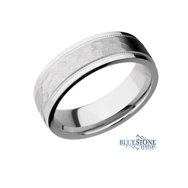 7.5mm 14K White Gold Flat Band w/ Stepped Milgrain Polished Edges & Hammered Middle. Bluestone Jewelry Tahoe City, CA