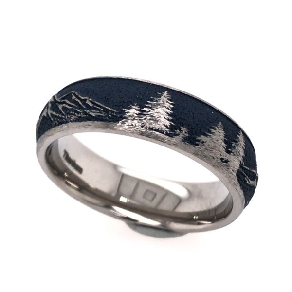 Titanium Tahoe Mountains & Trees Ring with Navy Blue Cerakote Image 2 Bluestone Jewelry Tahoe City, CA