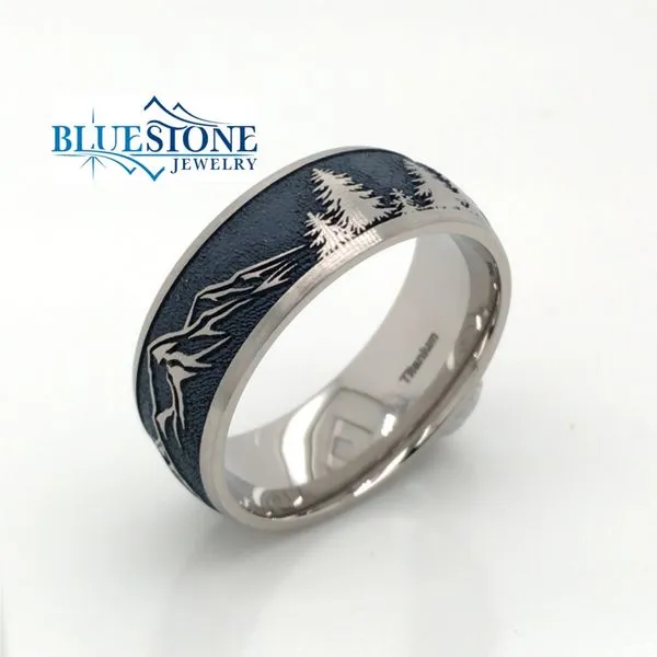 8mm Domed Titanium Band Mountain and Tree Pattern w/Navy Blue Cerakote(size 9.5) Image 2 Bluestone Jewelry Tahoe City, CA