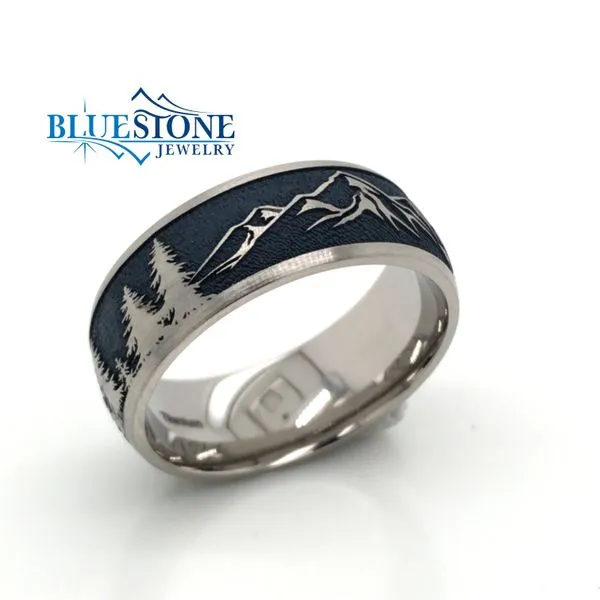 8mm Domed Titanium Band Mountain and Tree Pattern w/Navy Blue Cerakote(size 9.5) Image 3 Bluestone Jewelry Tahoe City, CA