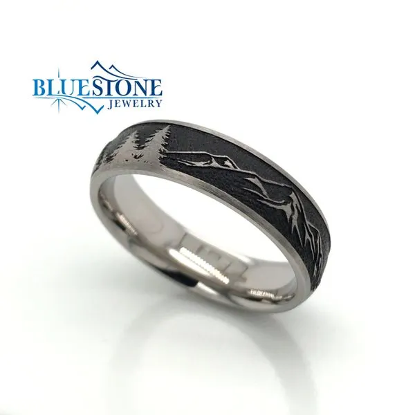 6mm Titanium Truckee Tahoe Mountains & Trees Ring with Black Cerakote(size10.25) Bluestone Jewelry Tahoe City, CA
