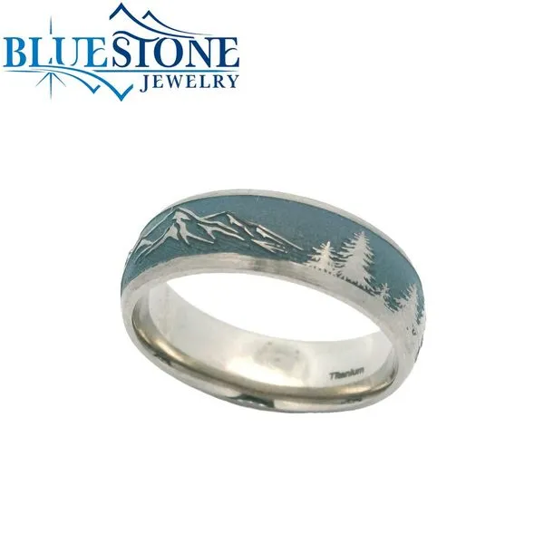 7mm Titanium Mountains and Trees Band with with Blue Cerakote and Polished Finish(size 10) Image 3 Bluestone Jewelry Tahoe City, CA