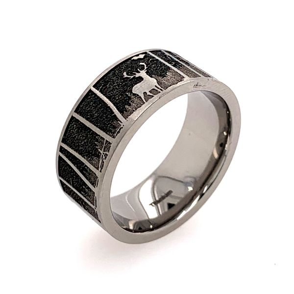 Titanium 9mm Band w/ an elk & mountain background Image 3 Bluestone Jewelry Tahoe City, CA