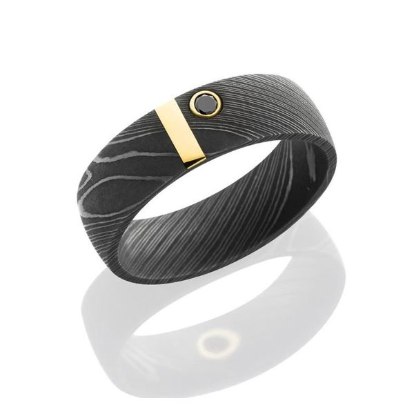 Damascus Steel Domed 7mm Band with a 2mm 14 Karat Yellow Gold Inlay an Bluestone Jewelry Tahoe City, CA