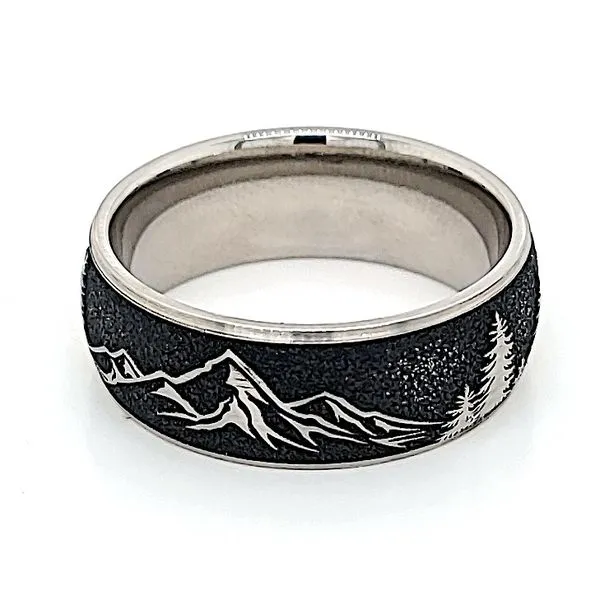 8mm wide/Domed/Titanium band with a laser carved Mountain and Tree pattern. size 10 Bluestone Jewelry Tahoe City, CA