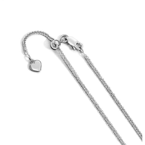 Sterling Silver with Rhodium Plating 1.3mm Diamond Cut Wheat Chain Adjustable Length up to 22 inches long. Bluestone Jewelry Tahoe City, CA