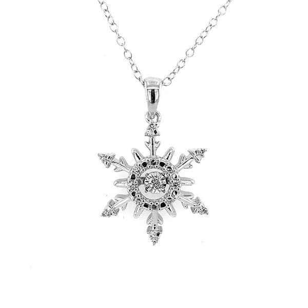 Sterling Silver Snowflake Diamond Pendant Featuring One Hovering Center Diamond and Chain Bluestone Jewelry Tahoe City, CA