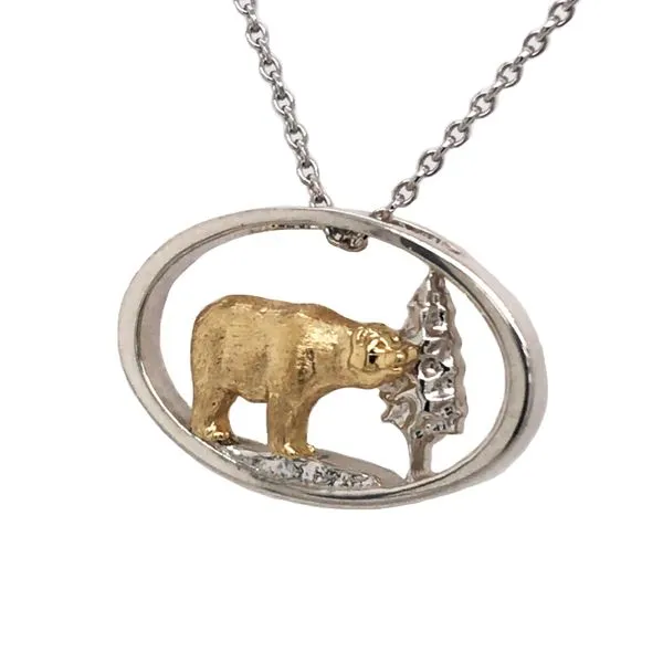 18 Karat Yellow Gold and Sterling Silver Bear and Tree Pendant on an 18