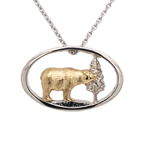 18 Karat Yellow Gold and Sterling Silver Bear and Tree Pendant on an 18