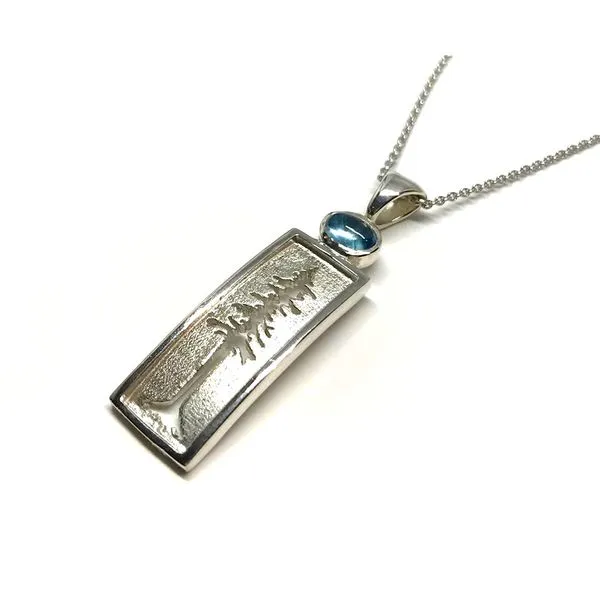 Medium Sterling Silver Redwood Tree Pendant with one Cabochon Blue Topaz Image 2 Bluestone Jewelry Tahoe City, CA