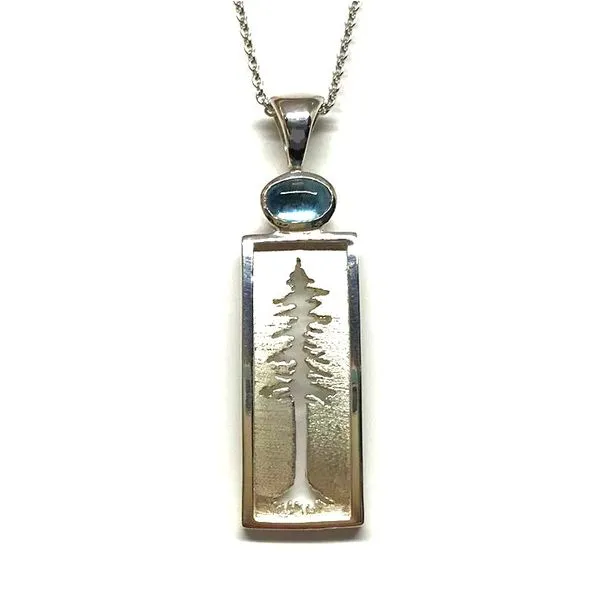 Medium Sterling Silver Redwood Tree Pendant with one Cabochon Blue Topaz Bluestone Jewelry Tahoe City, CA