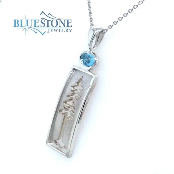Medium Silver Redwood Tree Pendant with Blue Topaz Image 2 Bluestone Jewelry Tahoe City, CA