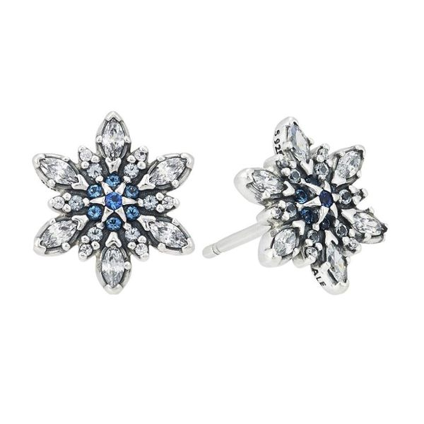 Sterling Silver Snowflake Stud Earrings with White and Blue CZs Bluestone Jewelry Tahoe City, CA