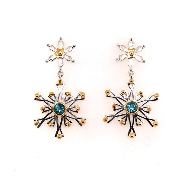 Sterling Silver and 22 Karat Yellow Gold Vermeil Snowflake Earrings with Blue Topazs Bluestone Jewelry Tahoe City, CA