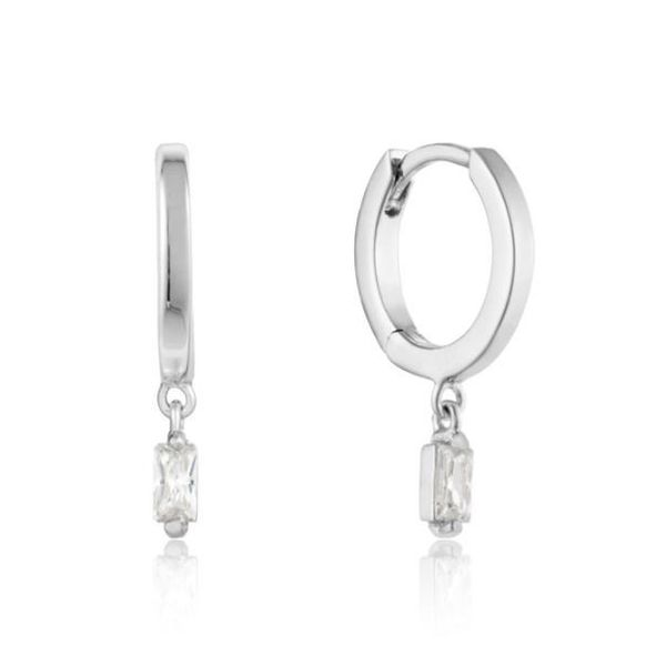 Sterling Silver Rhodium Plated Huggie Hoop Earrings with Two Cubic Zirconias Bluestone Jewelry Tahoe City, CA