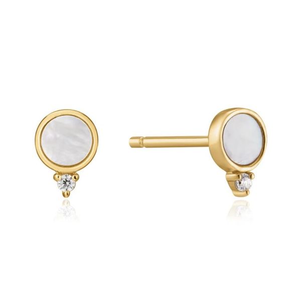 Gold Plated Stud Earrings with Mother of Pearl and CZs Bluestone Jewelry Tahoe City, CA