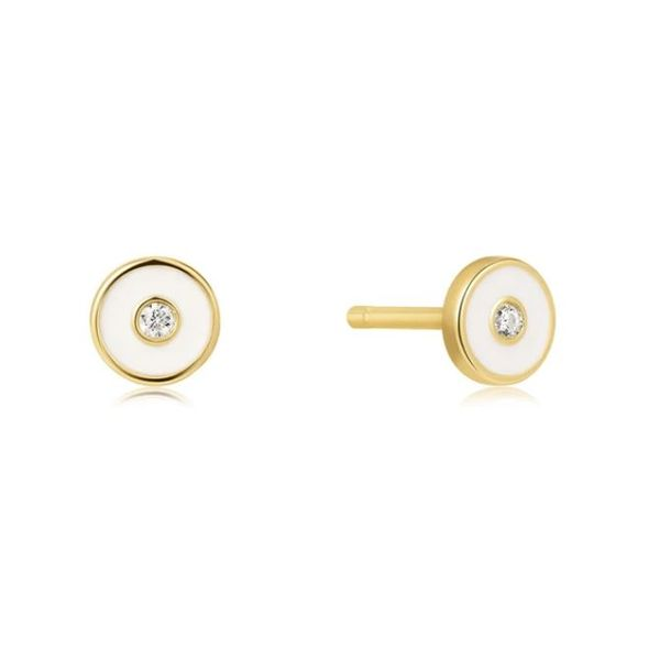 Gold Plated Stud Earrings with White Enamel and CZs Bluestone Jewelry Tahoe City, CA